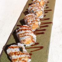Spicy BBQ Crunch Roll · Cooked salmon, masago, tempura flakes and spicy mayo. Spicy.