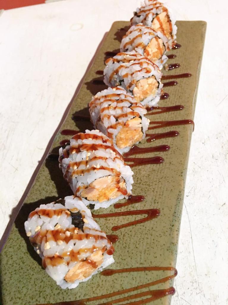 Spicy BBQ Crunch Roll · Cooked salmon, masago, tempura flakes and spicy mayo. Spicy.