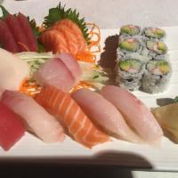 Sushi and Sashimi Combo · 5 pieces sushi, 10 pieces sashimi and 1 california roll.