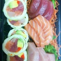 Tri-Color Sashimi · 3 pieces tuna, 3 pieces salmon, 3 pieces yellowtail sashimi with a rainbow Naruto roll.