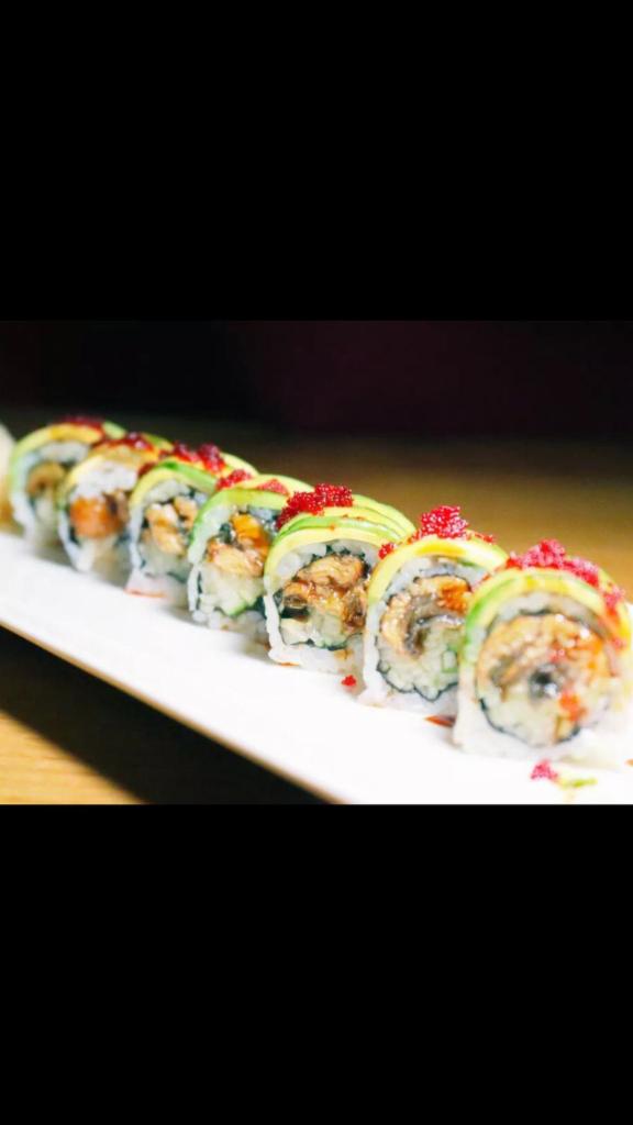 Dragon Roll · Eel and cucumber roll, avocado and tobiko on top and dress with chefs special.