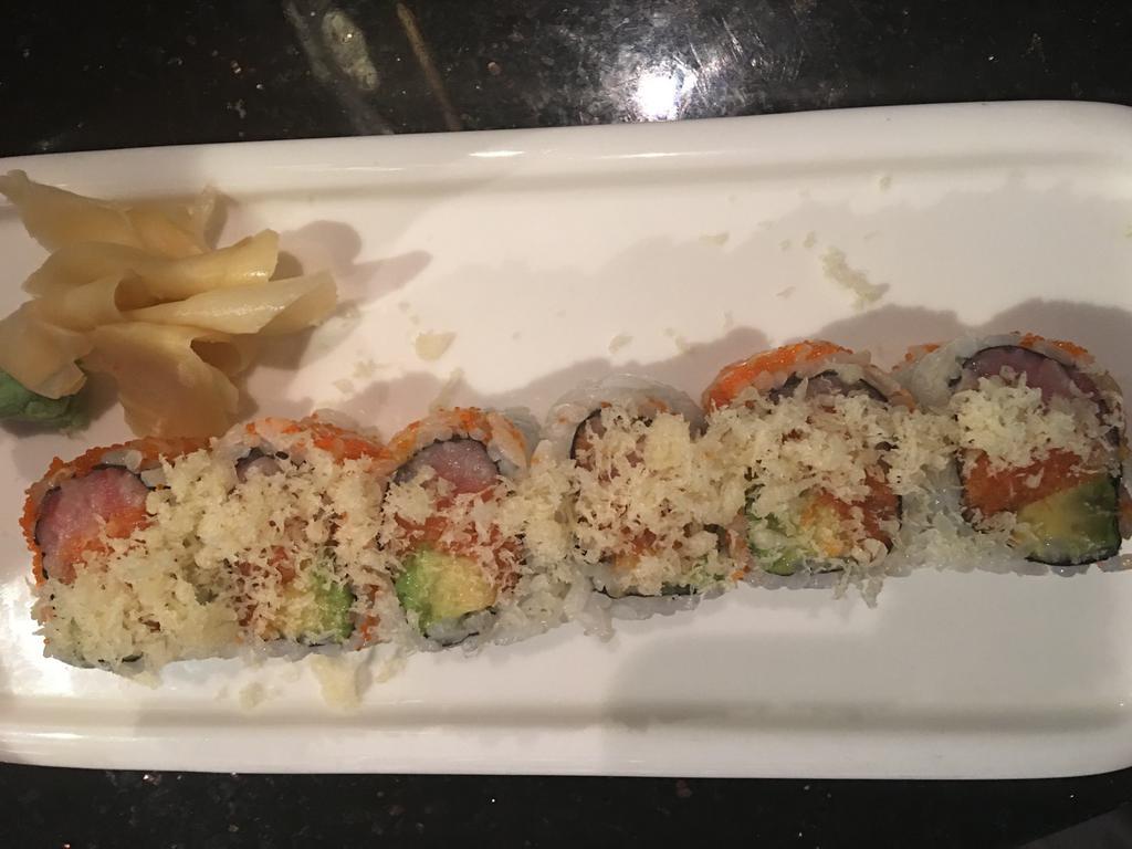 Spicy Girl Roll · Spicy tuna, spicy yellowtoil with avocado and caviar and topped with tempura flakes. Hot and spicy.  ( 6 pieces)