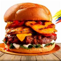 Colombian Burger · Angus beef, white cheese, ham, pineapple sauce, ketchup, mustard, house dressing, tomatoes, ...