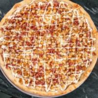 Chicken Bacon Ranch Pizza · Mozzarella cheese, bacon, chicken, and yummy ranch dressing.