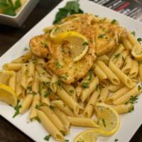 Chicken Francese · Chicken breast in delicious lemon francese sauce

Served with choice of pasta or salad.