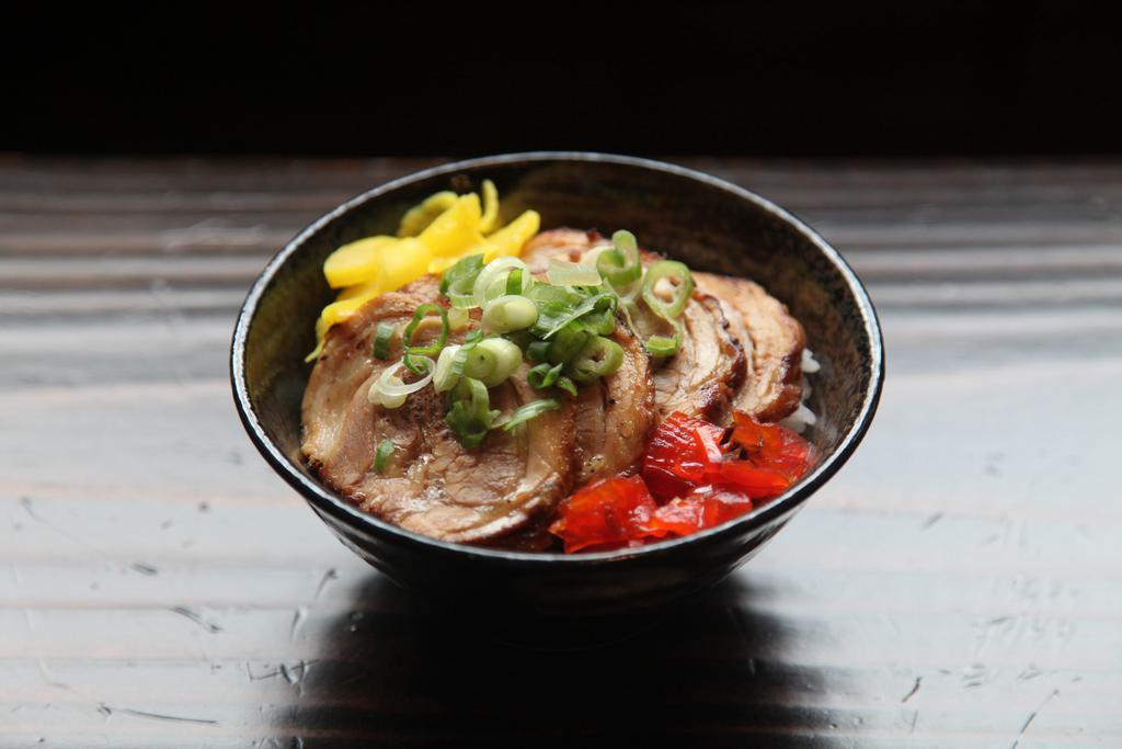 6. Chasyu-Don · Marinated and boiled pork over rice. Topped with scallion and oshinko.