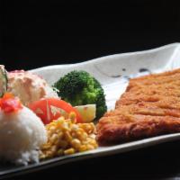 1. Katsu · Choice of breaded chicken or pork cutlet, served with rice, cabbage, corn, and broccoli.
