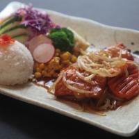 5. Salmon Teriyaki · Pan-fried salmon with teriyaki sauce, served with rice, cabbage, corn, broccoli, and oshinko.