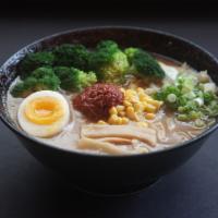 4. Kara Veggie Miso Ramen · Spicy noodle soup with miso broth. Topped with corn, menma, broccoli, scallion, bean sprouts...