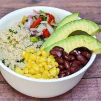 Quinoa Burrito Bowl · Quinoa, Roasted corn, pico de gallo, red beans, avocado, kale and tortilla strips.