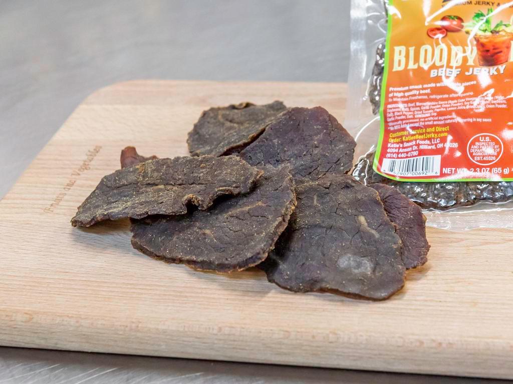 Bloody Mary Beef Jerky · Katie's blood mary beef jerky is one of our keto-friendly, sugar-free recipes. It's packed with flavor and is perfect for anyone watching carbs, on a keto diet, diabetic, paleo, etc. Our bloody mary jerky has all of the flavors you expect from a bloody mary – celery, pepper, tomato, Worcestershire. You will wish your bloody mary drink tasted as good as our bloody mary beef jerky. 2.3 oz.