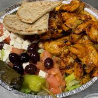 Chicken Souvlaki Platter · (10pcs) Boneless chicken breast pieces served with Choice of Rice, Greek salad ( Lettuce, Cu...