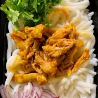 Chicken Noodle Salad. · Rice noodles  with pulled chicken curry sauce, eggs,  fried garlic, zested with tamarind (GF...