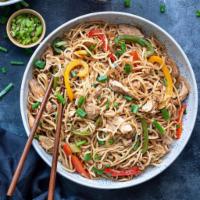 Chicken Noodles · Chicken, egg, chinese noodles, veggies and a melange of spices stirred with chili garlic sau...