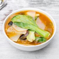 Glass Noodle · Transparent noodle soup with black mushroom, potato, bok choy, and peppers.
