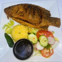 39. Mojarra · whole fish porgy fried with rice,beans.salad