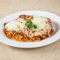 Chicken Parmigiana · Served with your choice of pasta; includes salad and garlic bread.