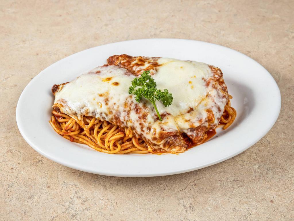 Chicken Parmigiana · Served with your choice of pasta; includes salad and garlic bread.