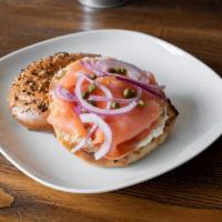 Lox & Schmear Bagel · Lox, onions, capers, and schmear of cream cheese.