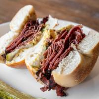 Hot Pastrami Sandwich · Hot pastrami, pickles, mustard, and bagel of choice.