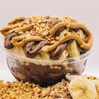 Chunky Monkey · Acai base topped with granola, banana, almonds, peanuts, peanut butter, nutella