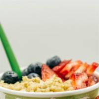 Berry Blast · Organic steel cut oatmeal topped with blueberry, strawberry, honey