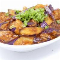 Eggplant with Hot Garlic Sauce · 鱼香茄子煲 （肉碎） w. Minced pork.