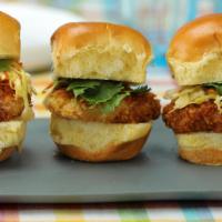 Fried Chicken Sliders · Buttermilk fried, smoked bacon, butter lettuce, sweet pickle, mayonnaise.