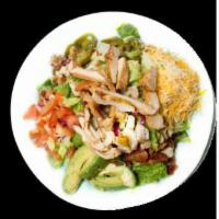 Buffalo Chicken Salad · Lettuce, tomato, chicken, bacon, sour cream, jalapeno, Buffalo sauce, and cheese.