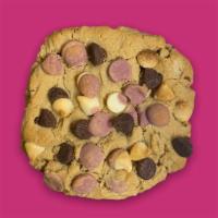 Jumbo Triple Chocolate Chip Cookie · Made with semi-sweet, white, and ruby chocolate chips with custom message. 8-16 servings. 

...