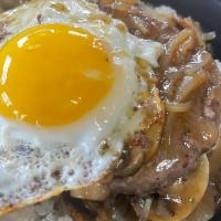Loco Moco Burger Combo · 6 oz angus beef patty on a bed of white rice, topped with sautéed onions, mushrooms, gravy a...