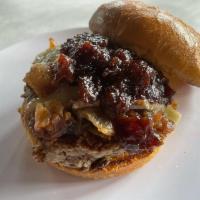 Cran Turkey Burger · Turkey patty topped with cranberry chutney, bacon and brie.
