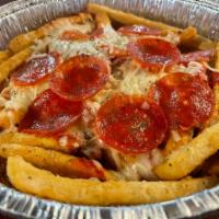 Pizza · Garlic Parmesan fries topped with marinara and mozzarella cheese. Add pepperoni for an addit...