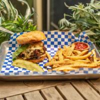 Hatch Burger w fries · 5 oz. burger patty, bacon jam, hatch green chile, pimento cheese, roasted garlic mayo, butte...