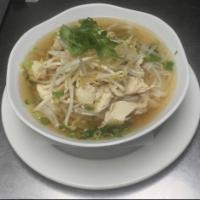 28. Chicken Noodle Soup · Bok choy, cilantro, bean sprouts, fried garlic and scallions.