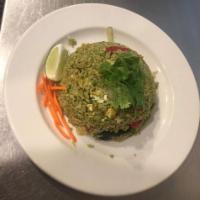 Green Curry Fried Rice  · With bamboo shoot string beans, carrots, bell pepper in green curry paste, and egg.