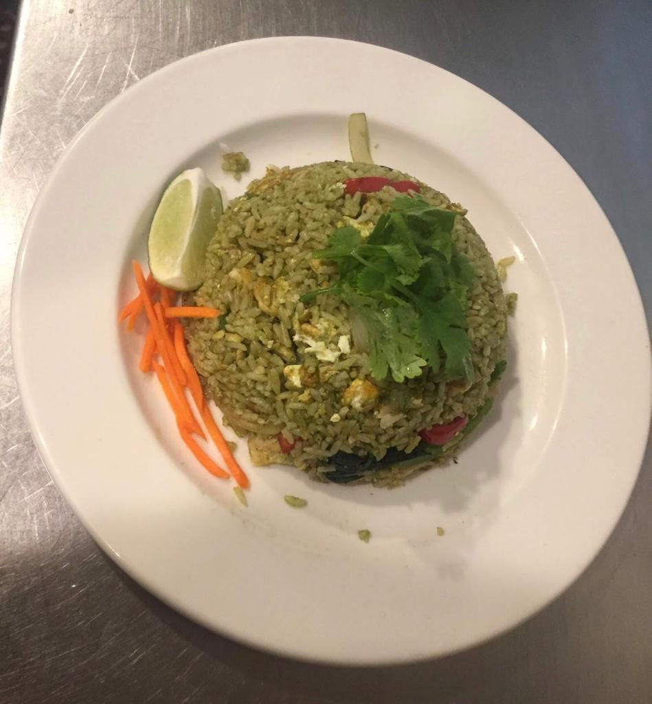 Green Curry Fried Rice  · With bamboo shoot string beans, carrots, bell pepper in green curry paste, and egg.