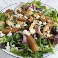 Spring Mix Salad with Roasted Pears · Comes with gorgonzola, red onions, candied chipotle walnuts and a raspberry balsamic vinaigr...