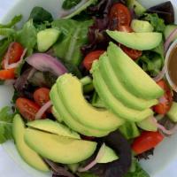 Spring Mix Salad with Tomato ＆ Avocado · Comes with onions and a balsamic raspberry dressing.
