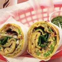 Galli Omelette Kathi Roll · Eggs, bell peppers, onions, and tomatoes garnished with mint-cilantro chutney and red onions...