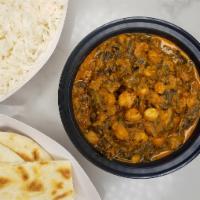 Saag Channa Curry · Chopped spinach in a curried chickpea sauce.  Vegetarian and gluten free. 16oz curry. Comes ...