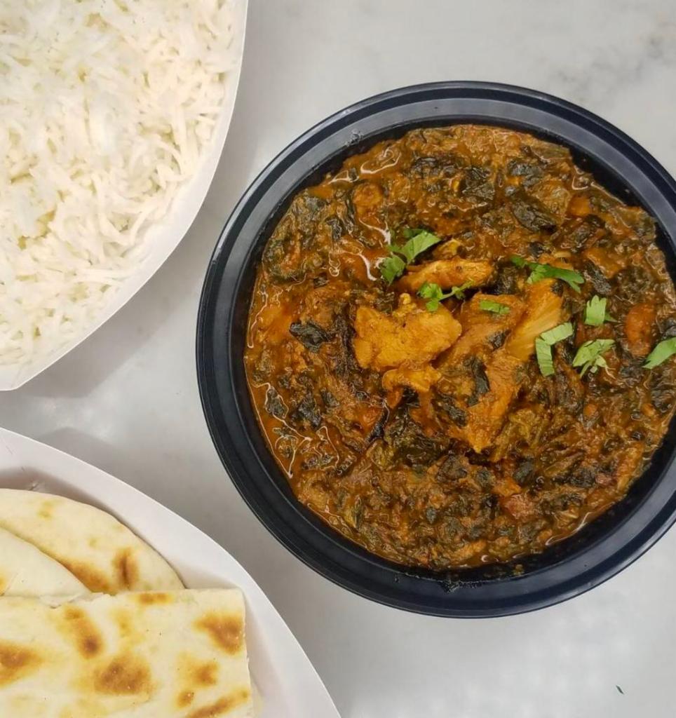 Saag Chicken Curry · Chopped spinach and chicken in a curried sauce.  Gluten Free. 16oz curry. Comes with 16oz Basmati Rice.