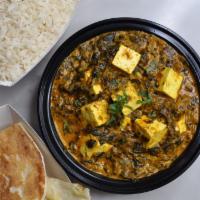 Saag Paneer Curry · Chopped spinach in a curried panner sauce. Vegetarian and gluten-free. 16oz curry. Comes wit...