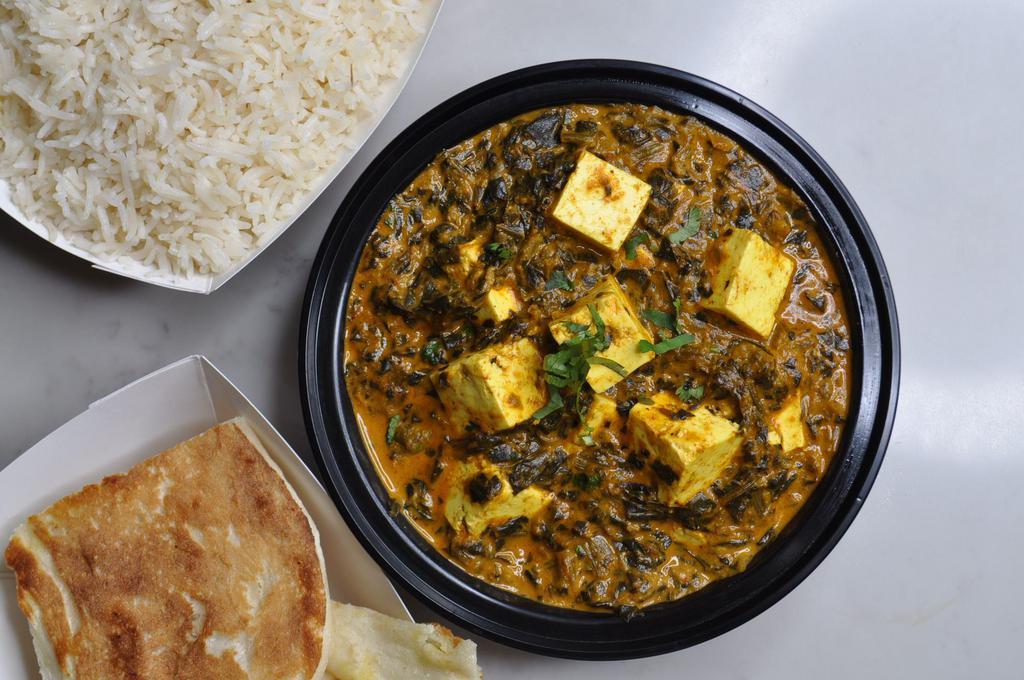 Saag Paneer Curry · Chopped spinach in a curried panner sauce. Vegetarian and gluten-free. 16oz curry. Comes with 16oz Basmati Rice. 