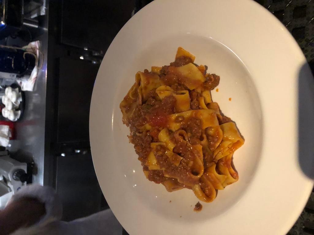 Pappardelle Beef Bolognese · Homemade fresh wide pasta in a slow cooked tomato & beef ragu.
Rich and delicious!