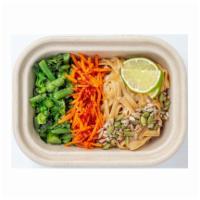 SUNBUTTER PAD THAI · Nut Free SunFlower Butter Pad Thai, with Carrots in Chili Sauce, and Hearty Greens Salad