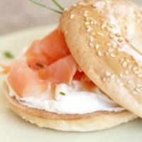 1. Bagel with Salmon · Served with nova scotia, salmon, cream cheese, lettuce, tomatoes and onion.