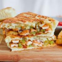 1. Chicken Fajita Panini · Grilled chicken, cheddar cheese, roasted pepper, caramelized onions and salsa.