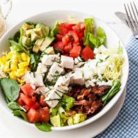 6. Classic Cobb Salad · Mixed greens, oven roasted turkey, avocado, crumbled blue cheese, bacon, carrots and balsami...