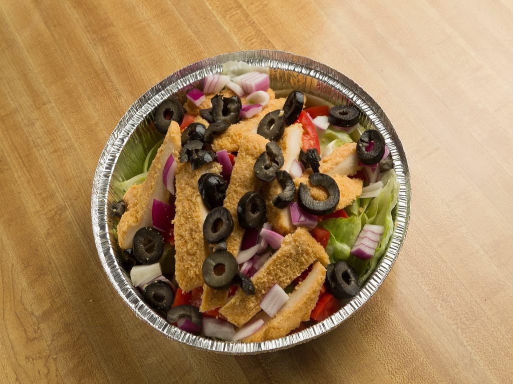 House Salad · Lettuce, tomatoes, onions, green peppers, black olives, and cucumbers.
